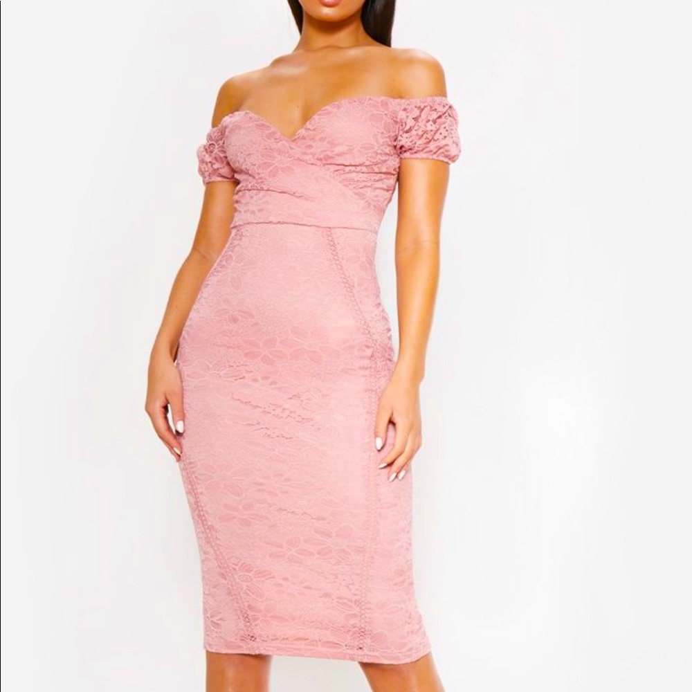 Pretty Little Thing Pink Lace Bardot Dress Size 2
